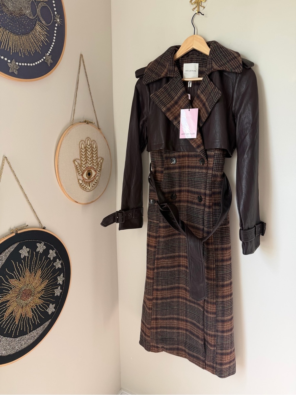 Avec Les Filles Brown leather Plaid Trench Coat with belt
